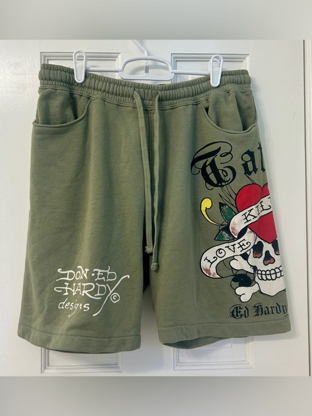 Ed Hardy Shorts  Green Fleece Sweat Tatoo Skull Love Kills Slowly mens mesium